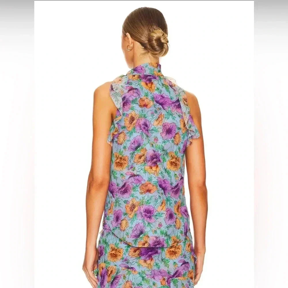 NWT VERONICA BEARD Silk Dali Top Ruffle Lake Blue Multi size 4 - Picture 3 of 7